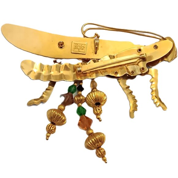 Lunch At The Ritz Articulated Enamel Rhinestone Grasshopper Brooch Pin Pendant - Picture 2 of 5